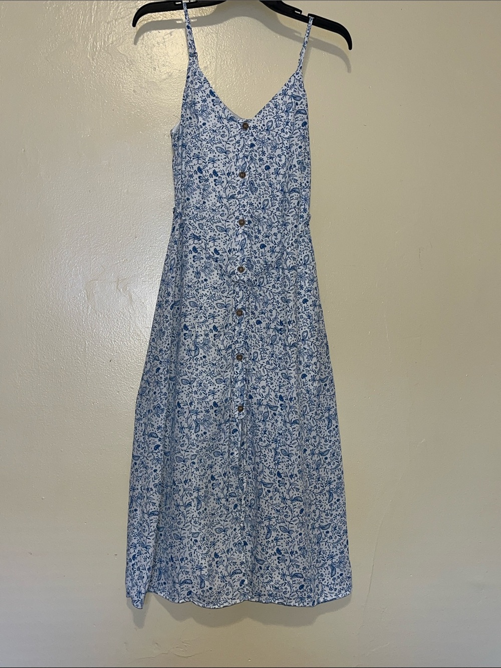 Blue Floral Button-Front Midi Dress with Spaghetti Straps